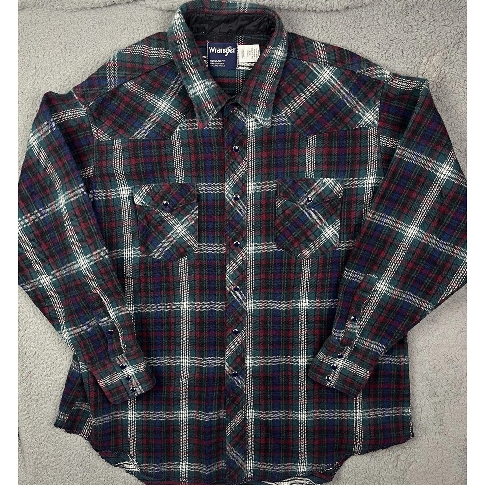 Wrangler Mens Blue Green Thick Heavy Plaid Pearl Snap Western Shirt X-Long Tails